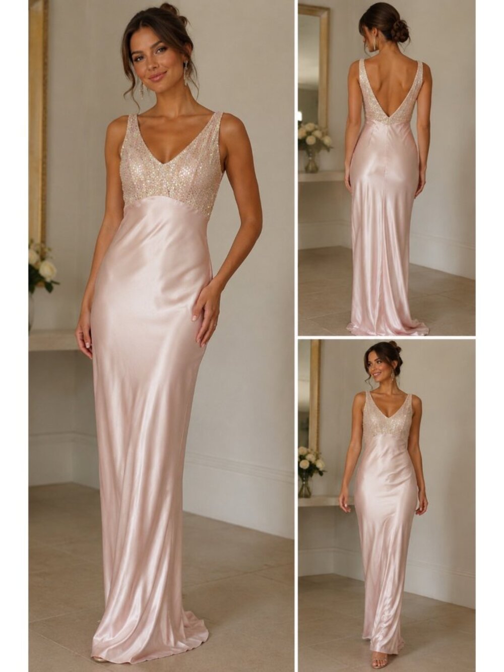 All That Jazz Pink Satin & Sequin Formal Gown Size 11/12 Sleeveless V-Neck Floor